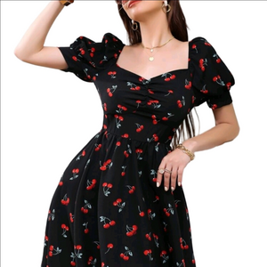 SHEIN Black Cherry Pattern Midi Dress Medium